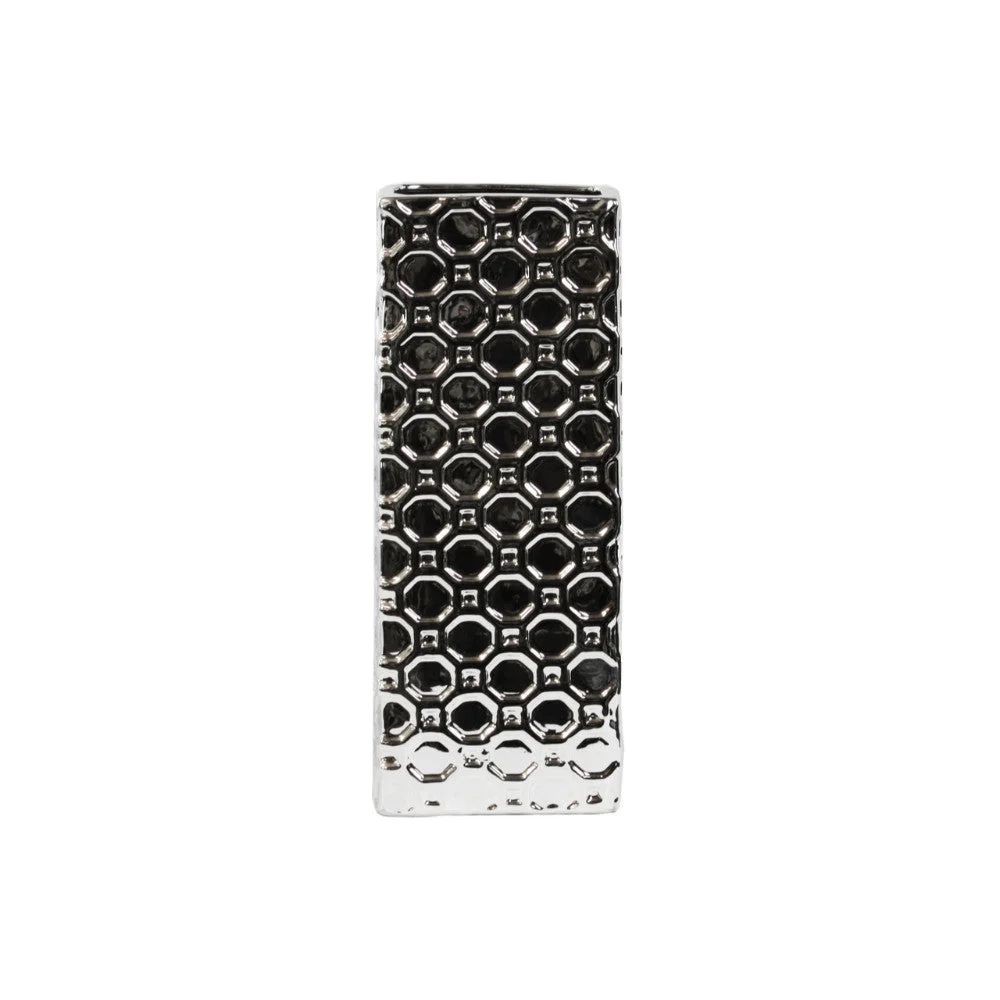 Benzara Rectangular Porcelain Vase In Octagonal Pattern, Large, Silver