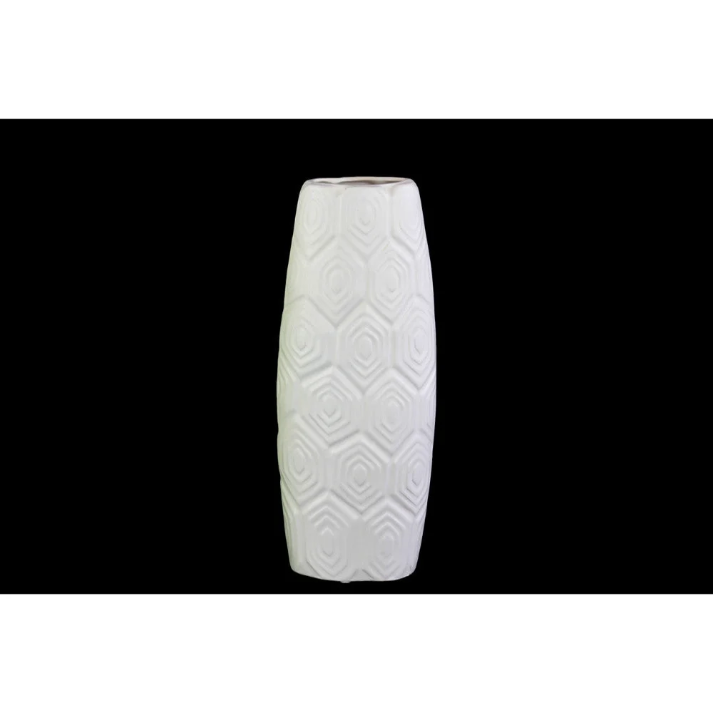 Benzara Oval Shape Ceramic Vase With Embossed Geometric Pattern, Matte White