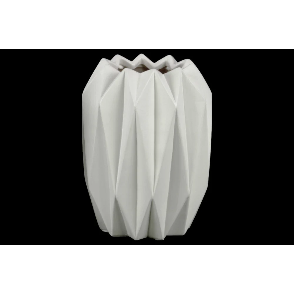 Benzara Geometric Patterned Ceramic Vase With Uneven Lip, Tall, Matte White