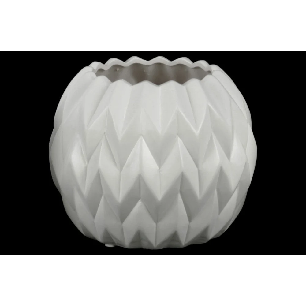Benzara Embossed Wavy patterned Ceramic Low Vase With Uneven Lip, Large, Matte White