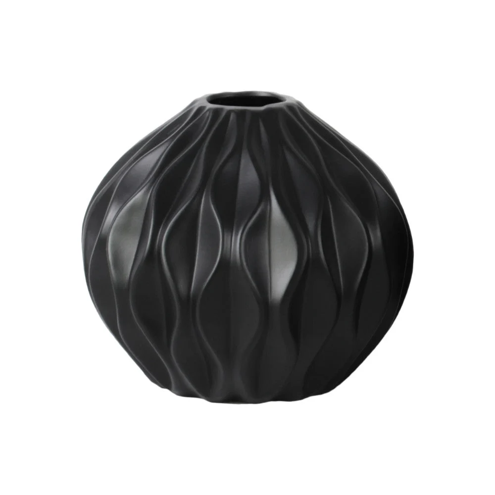Benzara Round Ceramic Low Vase With Embossed Wave Design, Matte Black