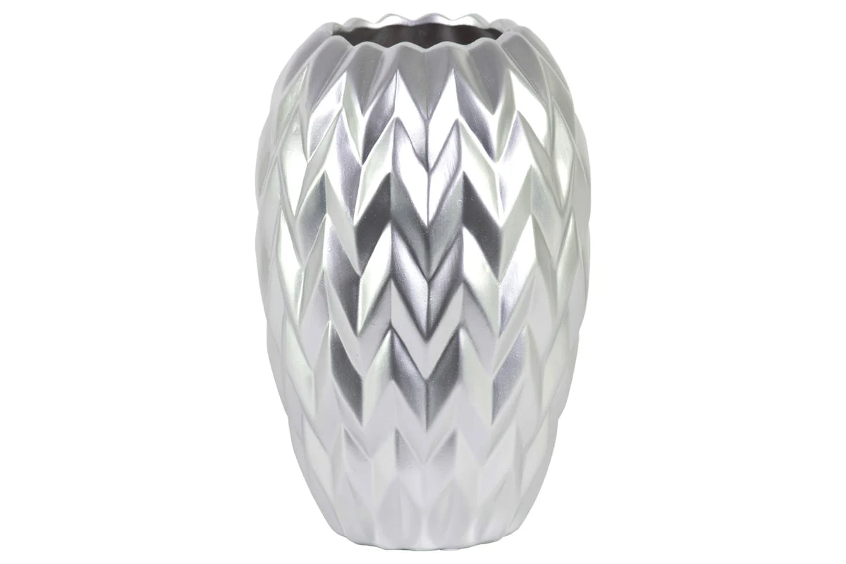 Benzara Round Ceramic Vase With Embossed Wave Design, Large, Matte Silver
