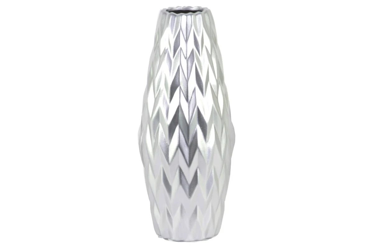 Benzara Embossed Wave Design Ceramic Vase With Round Lip, Large, Silver