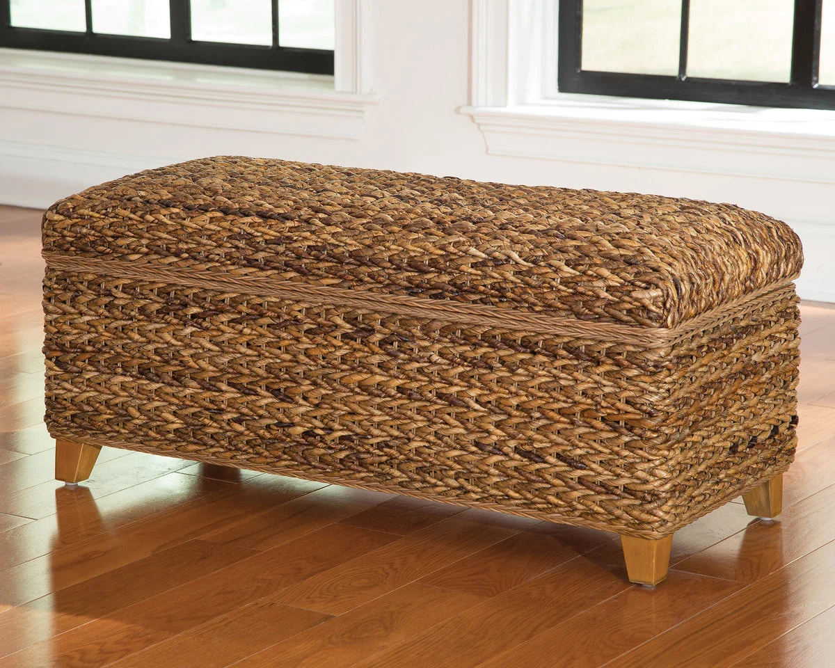 Benzara Modern Wood & Woven Abaca Trunk, Rustic Brown