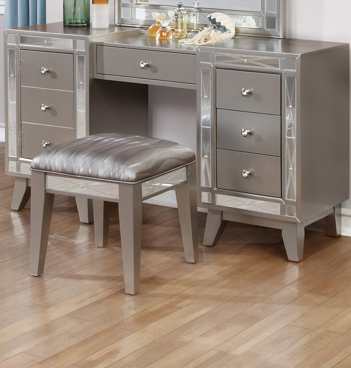 Benzara Wooden Set of Vanity and Stool with Mirrored Accents, Mercury Silver