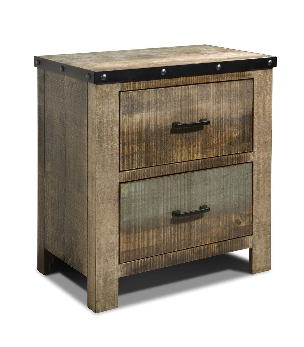 Benzara Wooden Nightstand with Rough Sawn Design & Rivet Banding, Brown