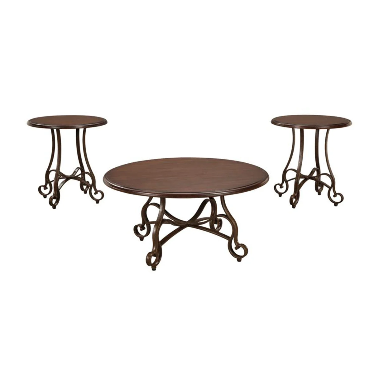 Benzara Scrolled Metal Base Tables with Round Wooden Top, Set of 3, Brown and Bronze