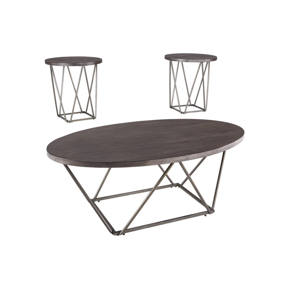 Benzara Elm Wood Table Set with Bridge Truss Metal Base, Set of 3, Brown and Gray