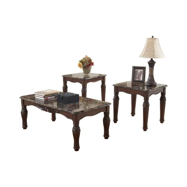 Benzara BM190135 Traditional Style Wooden Table with Faux Marble Top, Set of 3, Dark Brown