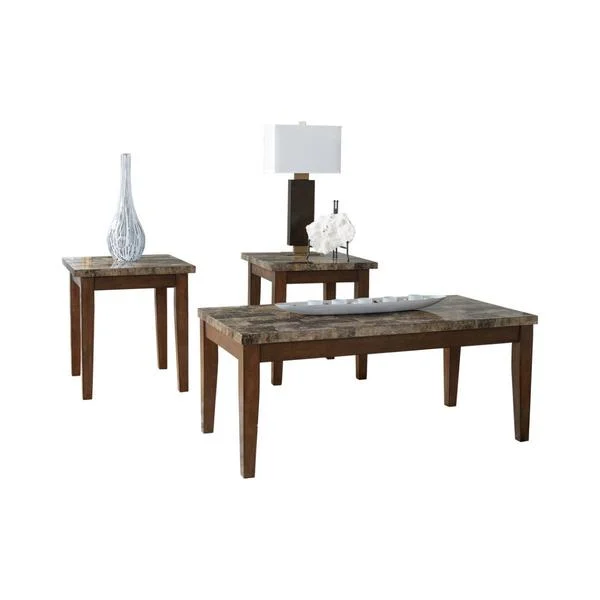 Benzara BM190137 Rustic Style Faux Marble Top Table Set with Tapered Wooden Legs, Set of 3, Brown