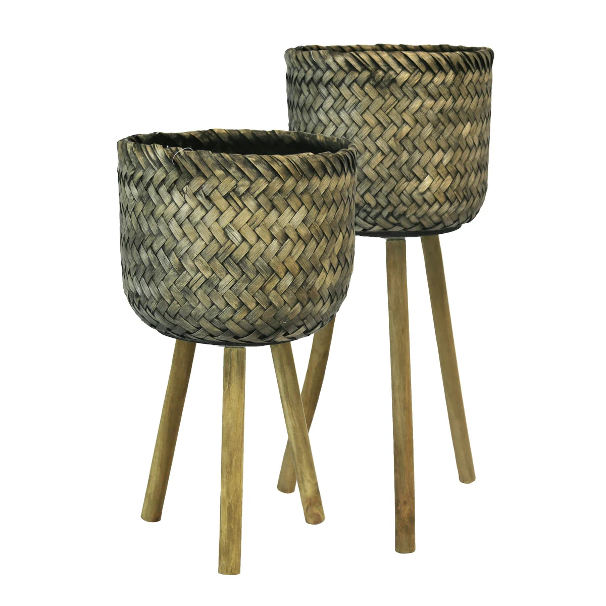 Benzara Basket Shape Bamboo Planters on Flared Wooden Stand, Rustic Brown, Set of 2