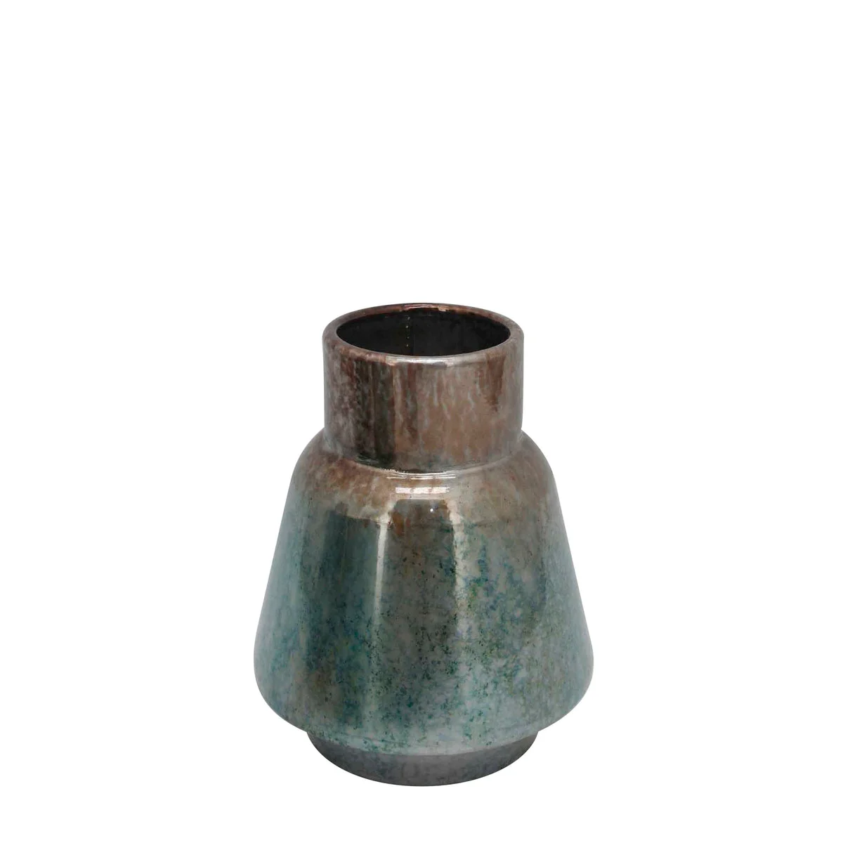 Benzara Rustic Style Metal Vase with Round Top and Flared Body, Small, Bronze and Blue