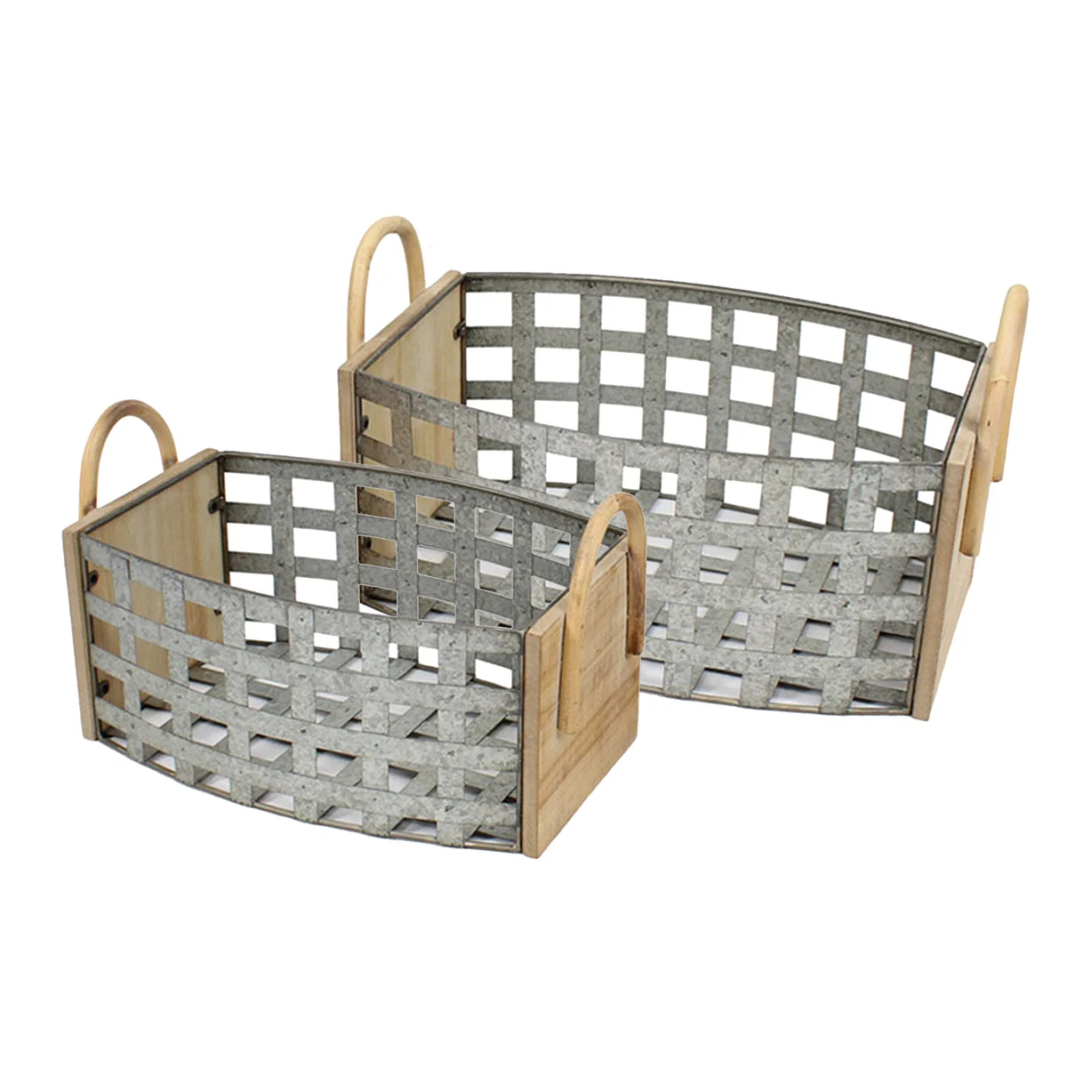 Benzara Transitional Style Tin and Wooden Woven Galvanized Basket with Two Handles, Gray, Set of 2