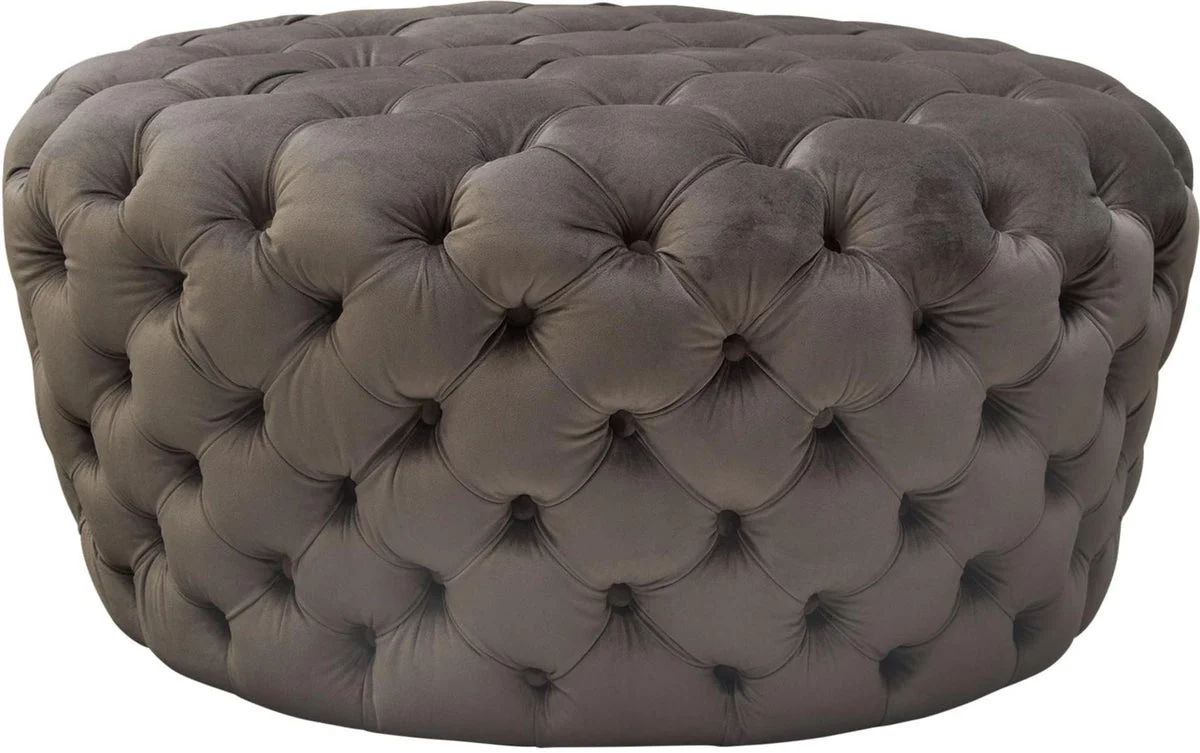 Benzara Velvet Upholstered Button Tufted Round Accent Ottoman, Dusk Gray