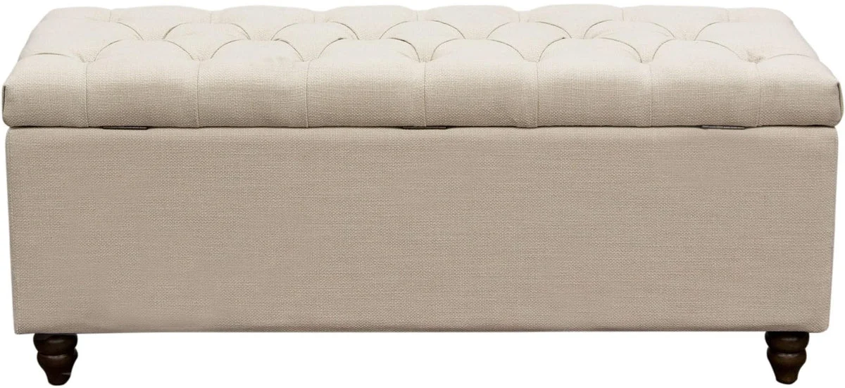 Benzara Linen Upholstered Tufted Trunk with Lift Top Storage and Bun Style Wood Feet, Beige and Brown