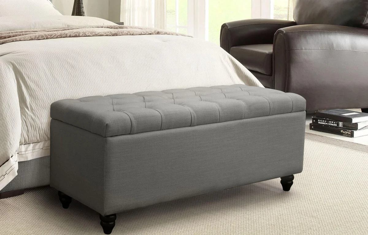 Benzara Linen Upholstered Tufted Trunk with Lift Top Storage and Bun Style Wood Feet, Gray and Brown