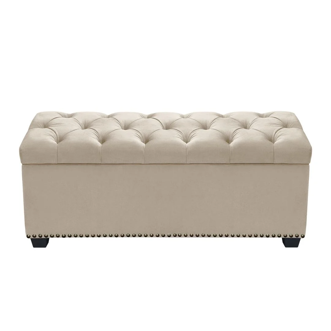 Benzara Velvet Upholstered Button Tufted Trunk with Lift Top Storage and Nail head Accent Trim, Beige