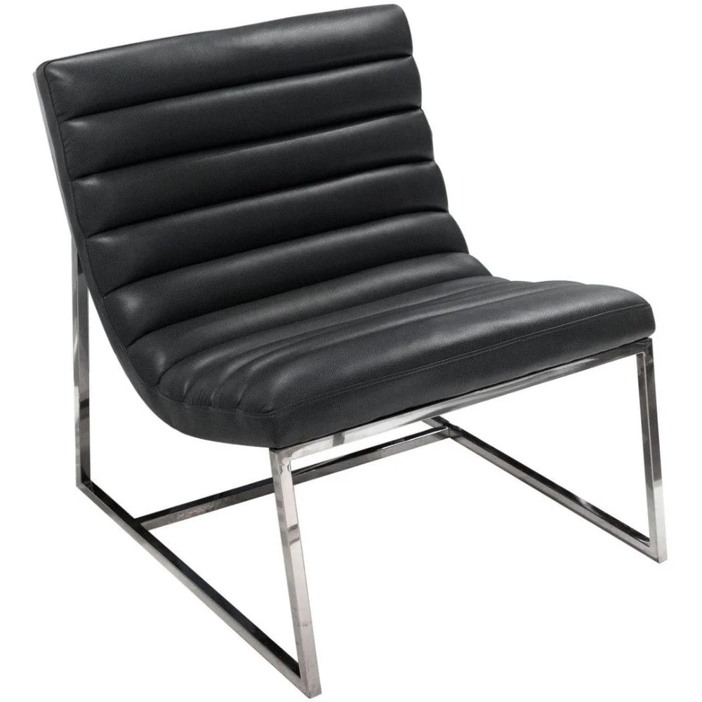 Benzara Leather Upholstered Lounge Chair with Channel Tufting Details and Steel Frame, Black and Silver