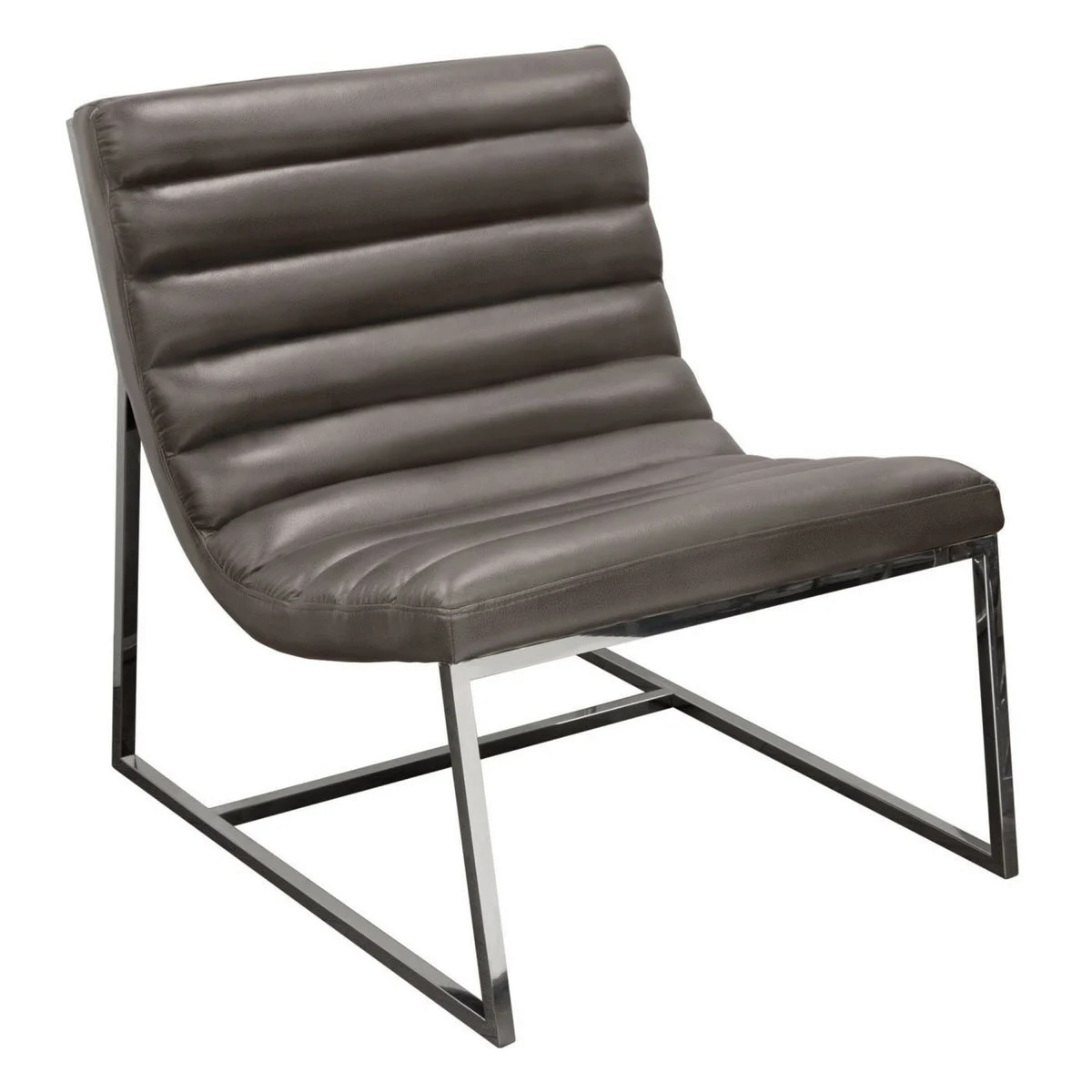 Benzara Leather Upholstered Lounge Chair with Channel Tufting Details and Steel Frame, Brown and Silver