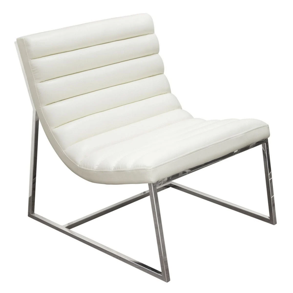 Benzara Leather Upholstered Lounge Chair with Channel Tufting Details and Steel Frame, White and Silver