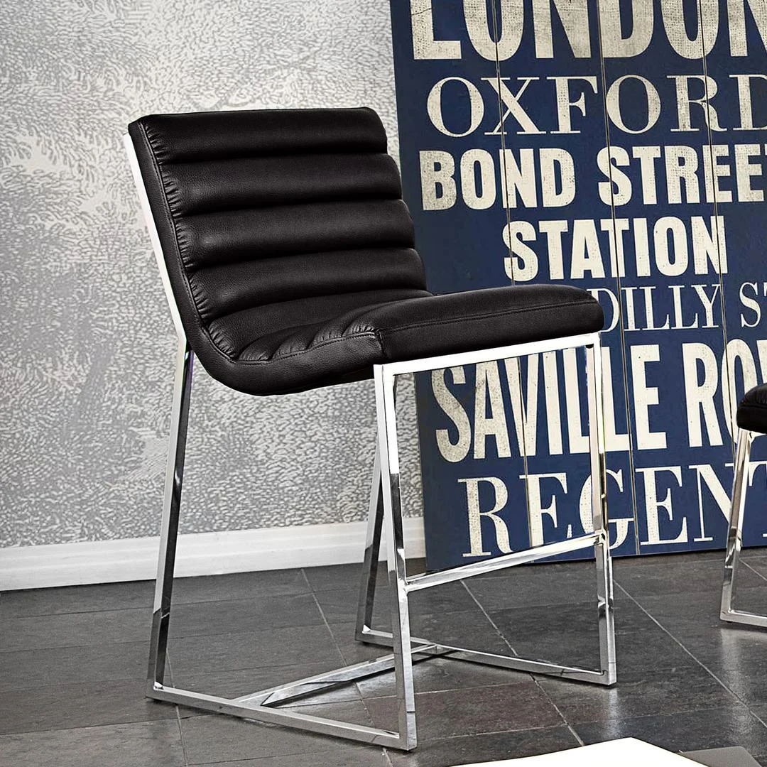 Benzara Leatherette Counter Height Chair with Channel Tufting Details and Metal Frame, Black and Silver