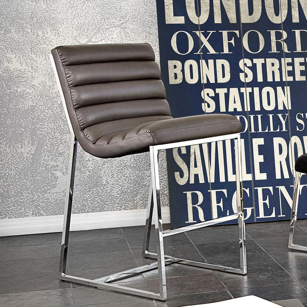 Benzara Leatherette Counter Height Chair with Channel Tufting Details and Metal Frame, Gray and Silver