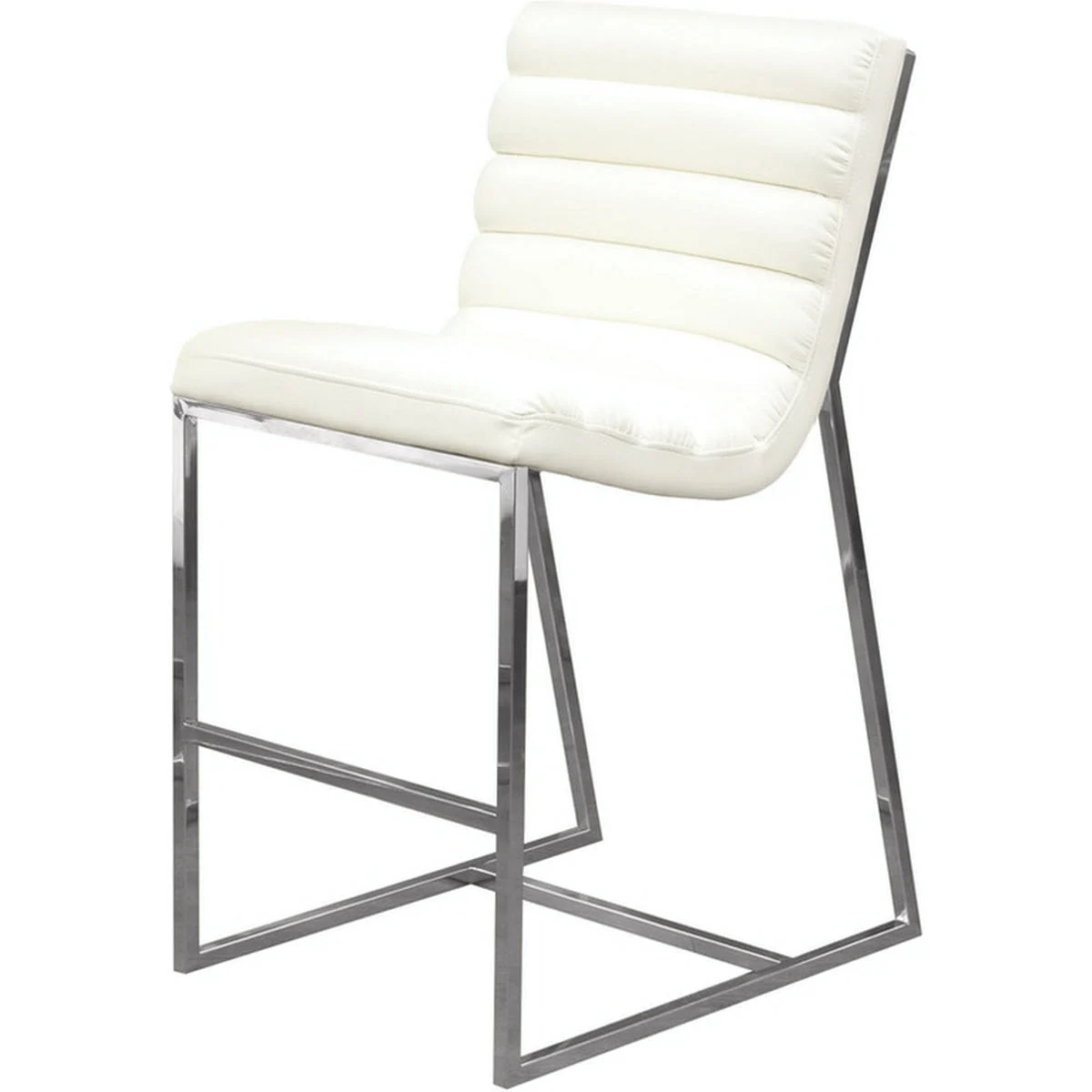Benzara Leatherette Counter Height Chair with Channel Tufting Details and Metal Frame, White and Silver