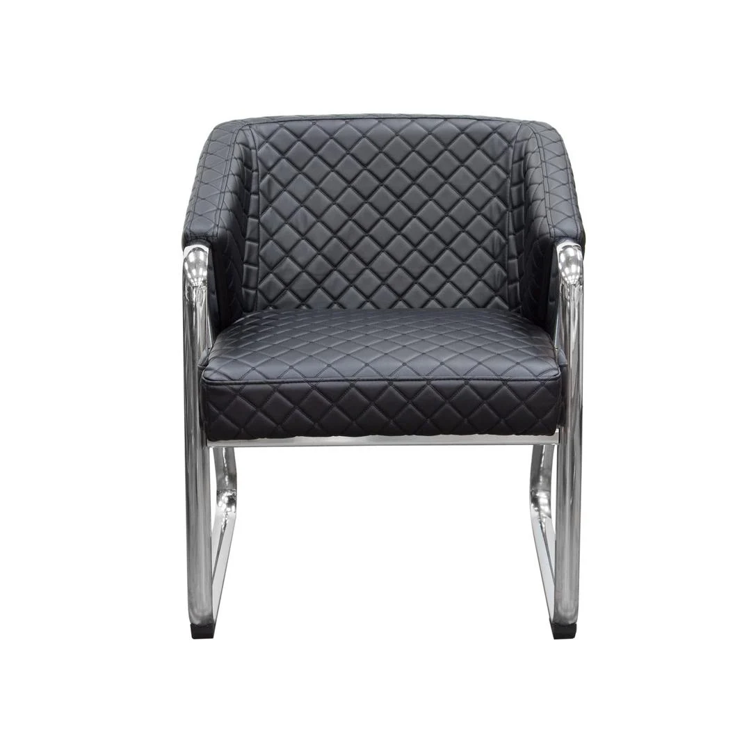 Benzara Leatherette Accent Chair with Quilted Seat and Tabular Stainless Steel Frame, Black and Silver