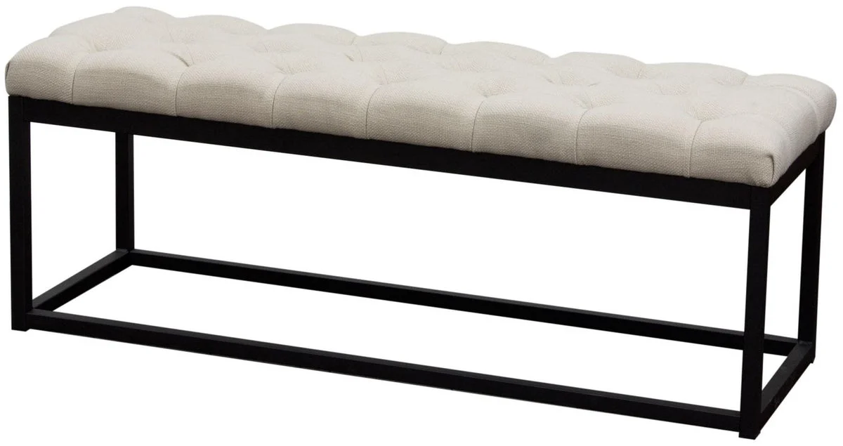 Benzara Linen Upholstered Metal Contemporary Bench with Diamond Tuft Details, Beige and Black