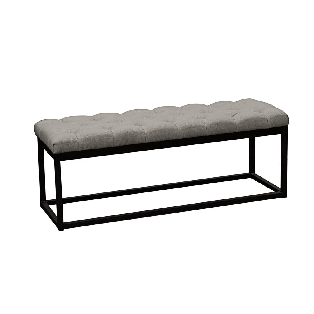 Benzara Linen Upholstered Metal Contemporary Bench with Diamond Tuft Details, Gray and Black