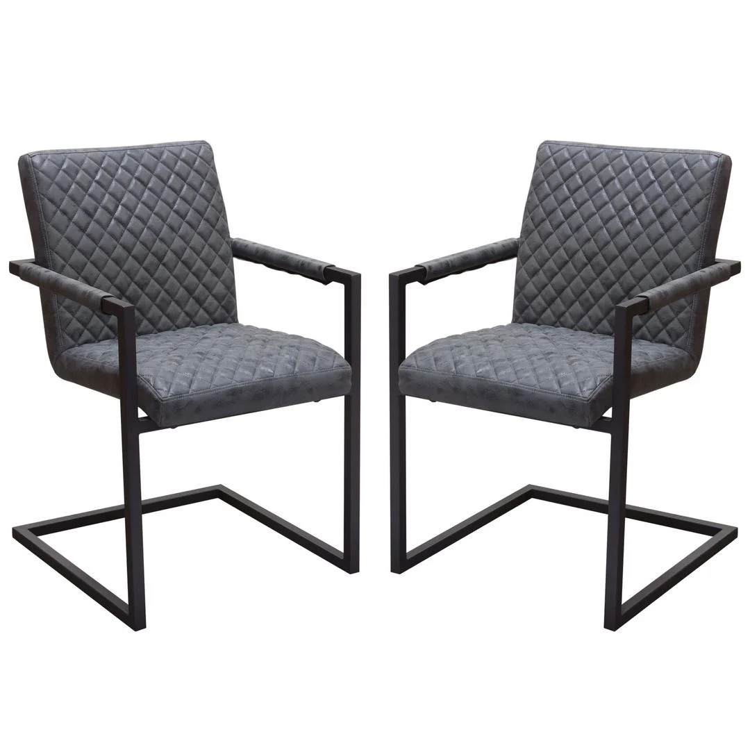 Benzara Diamond Tufted Leatherette Dining Chairs with Metal Cantilever Base, Gray and Black, Pack of Two