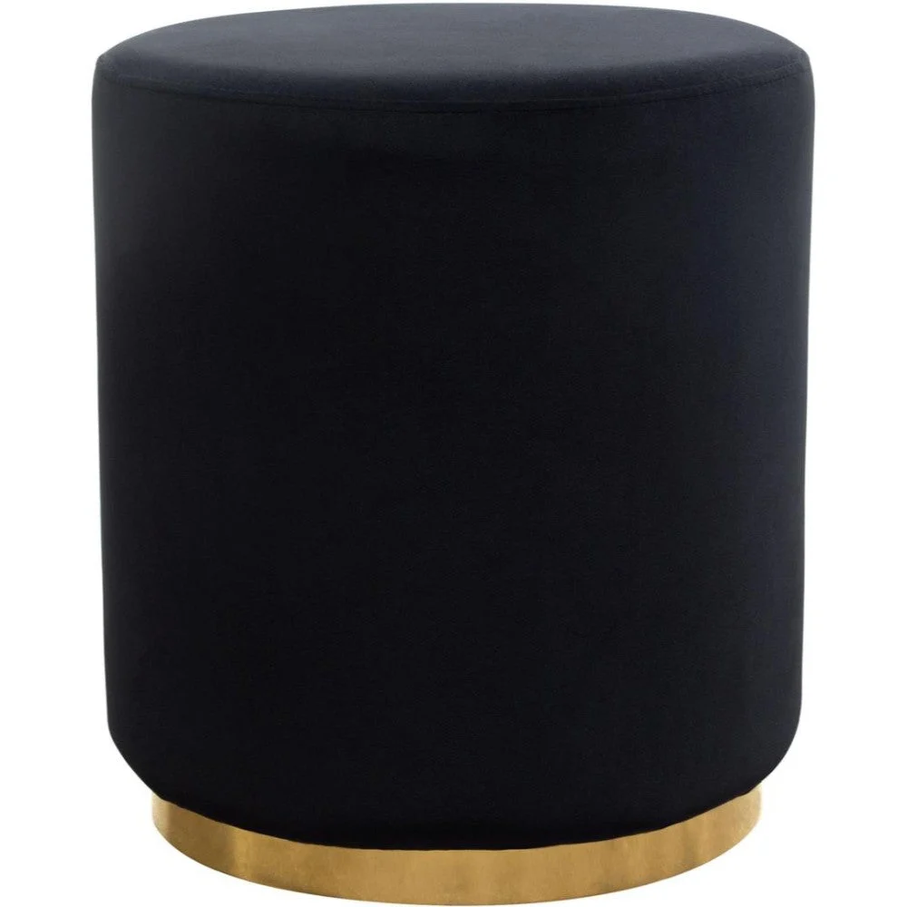 Benzara Velvet Upholstered Round Accent Ottoman with Metal Base, Black and Gold