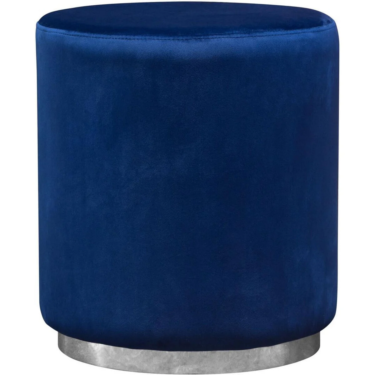 Benzara Velvet Upholstered Round Accent Ottoman with Metal Base, Blue and Chrome