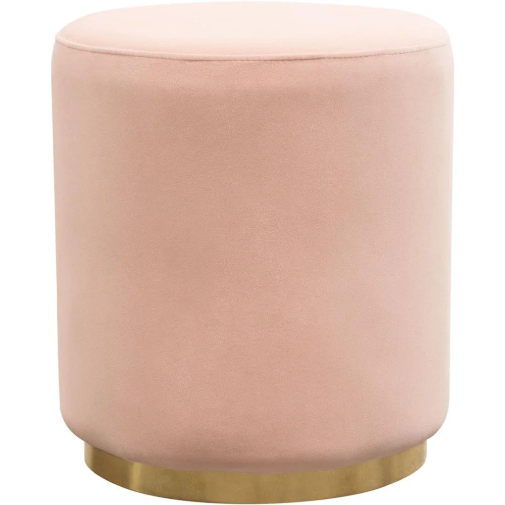 Benzara Velvet Upholstered Round Accent Ottoman with Metal Base, Pink and Gold