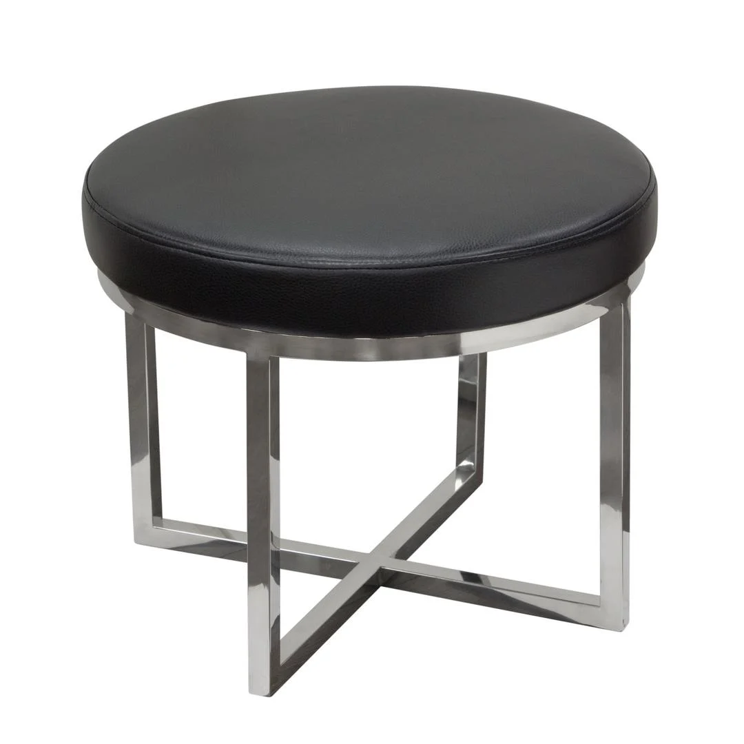 Benzara Leather Upholstered Round Accent Stool with Cross Metal Legs, Black and Chrome