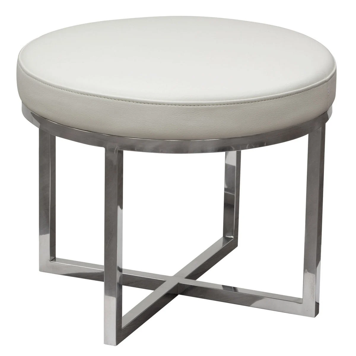 Benzara Leather Upholstered Round Accent Stool with Cross Metal Legs, White and Chrome
