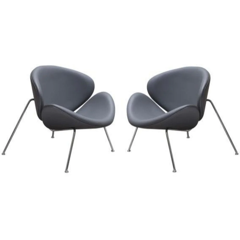 Benzara Leather Upholstered Accent Chairs with Angled Metal Legs, Set of 2, Gray and Chrome