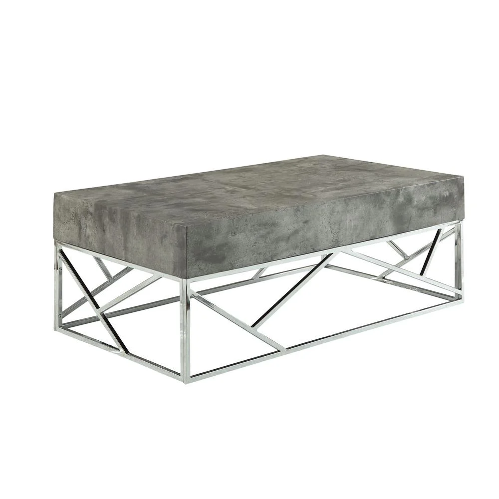 Benzara Faux Marble Coffee Table with Rectangular Top and Designer Metal Base, Silver and Gray