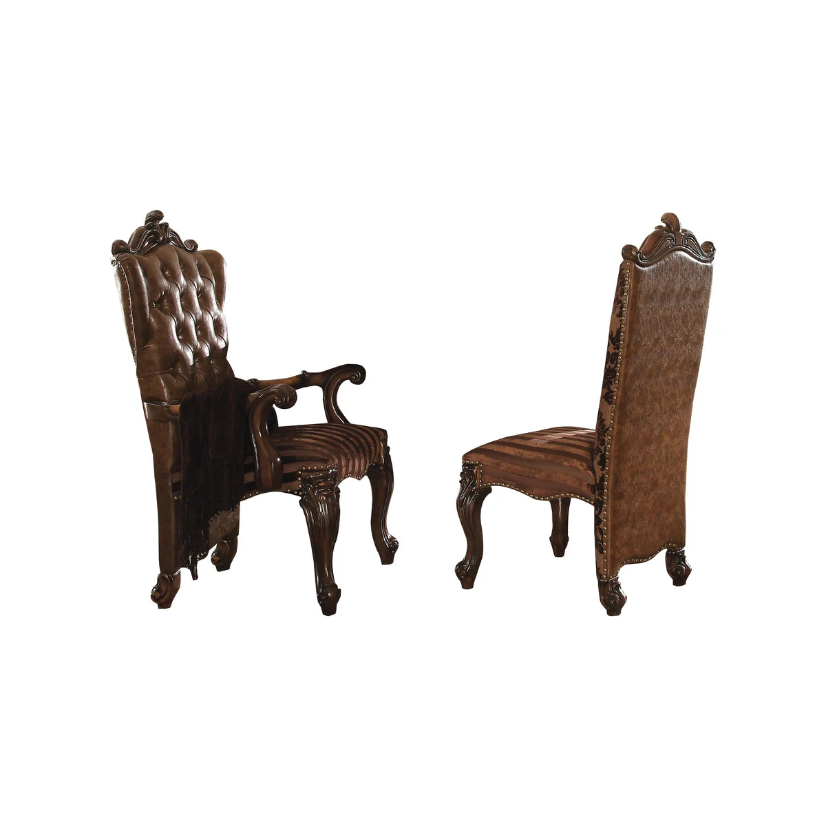 Benzara Faux Leather Upholstered Wooden Side Chair with Scrolled Carvings, Brown, Set of 2