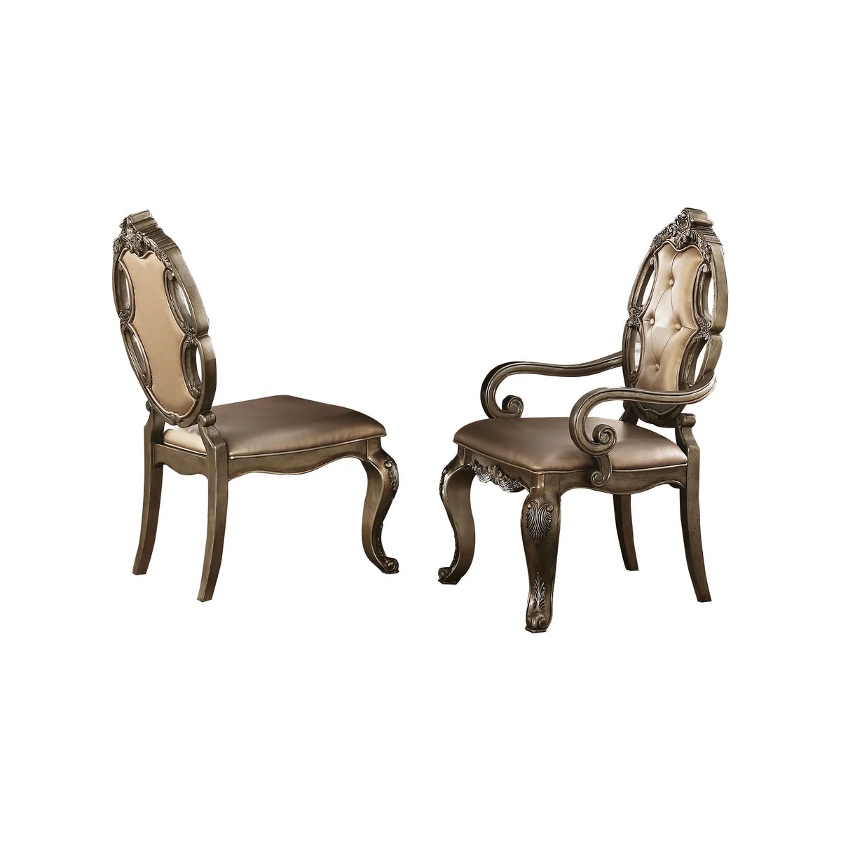 Benzara Faux Leather Upholstered Wooden Side Chair Button Tufted Back, Champaign Gold, Set of 2