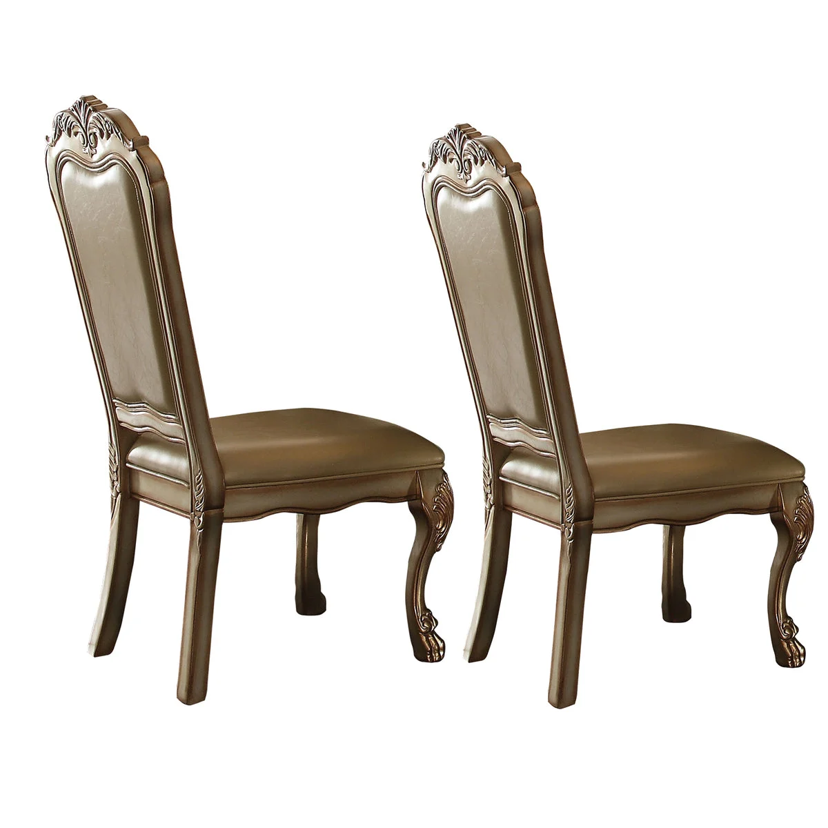 Benzara Wooden Side Chair with Claw Legs and Leatherette Seat, Beige and Gold, Set of 2