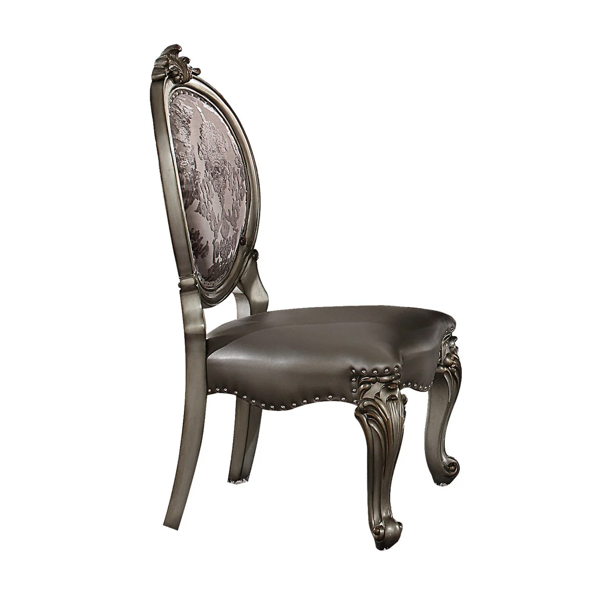 Benzara Wooden Side Chair with Cabriole Legs and Leatherette Seat, Silver and Gray, Set of 2