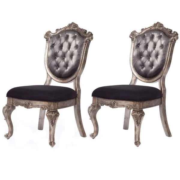 Benzara Wooden Side Chair with Cabriole Legs and Fabric Upholstered Seat, Gray and Silver, Set of 2