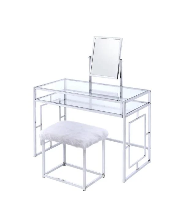 Benzara Glass and Metal Vanity Set With Faux Fur Stool, White and Silver