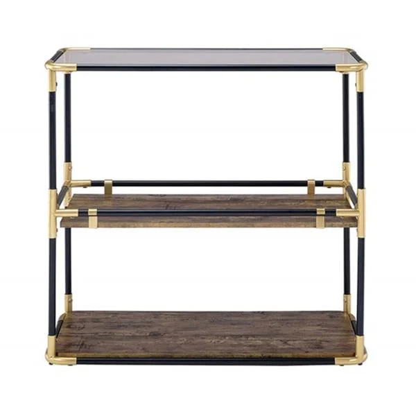 Benzara BM191404 Rechange Glass Top Console Table Metal Tubular Framing and Wooden Shelves, Black & Brown