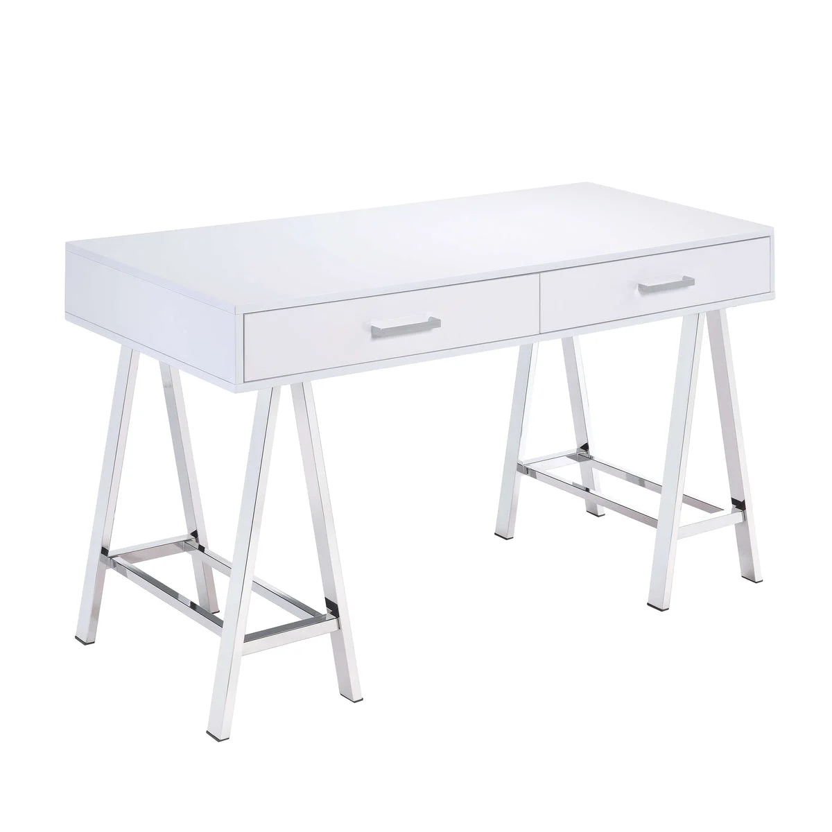 Benzara Rectangular Two Drawers Wooden Desk with Saw Horse Metal Legs, Silver and White