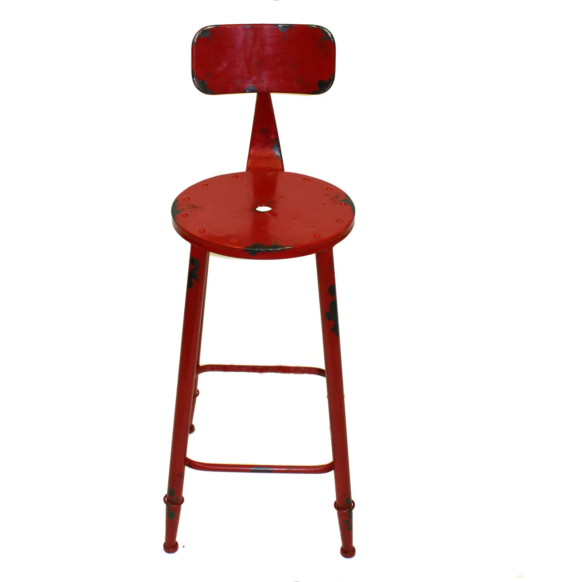 Benzara Distressed Metal Round Seat Counter Stool with Curved Backrest and Flared Feet, Red