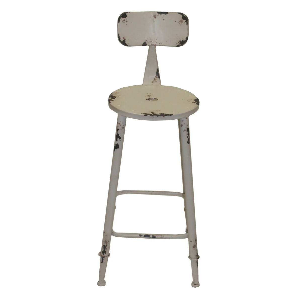 Benzara Distressed Metal Round Seat Counter Stool with Curved Backrest and Flared Feet, White