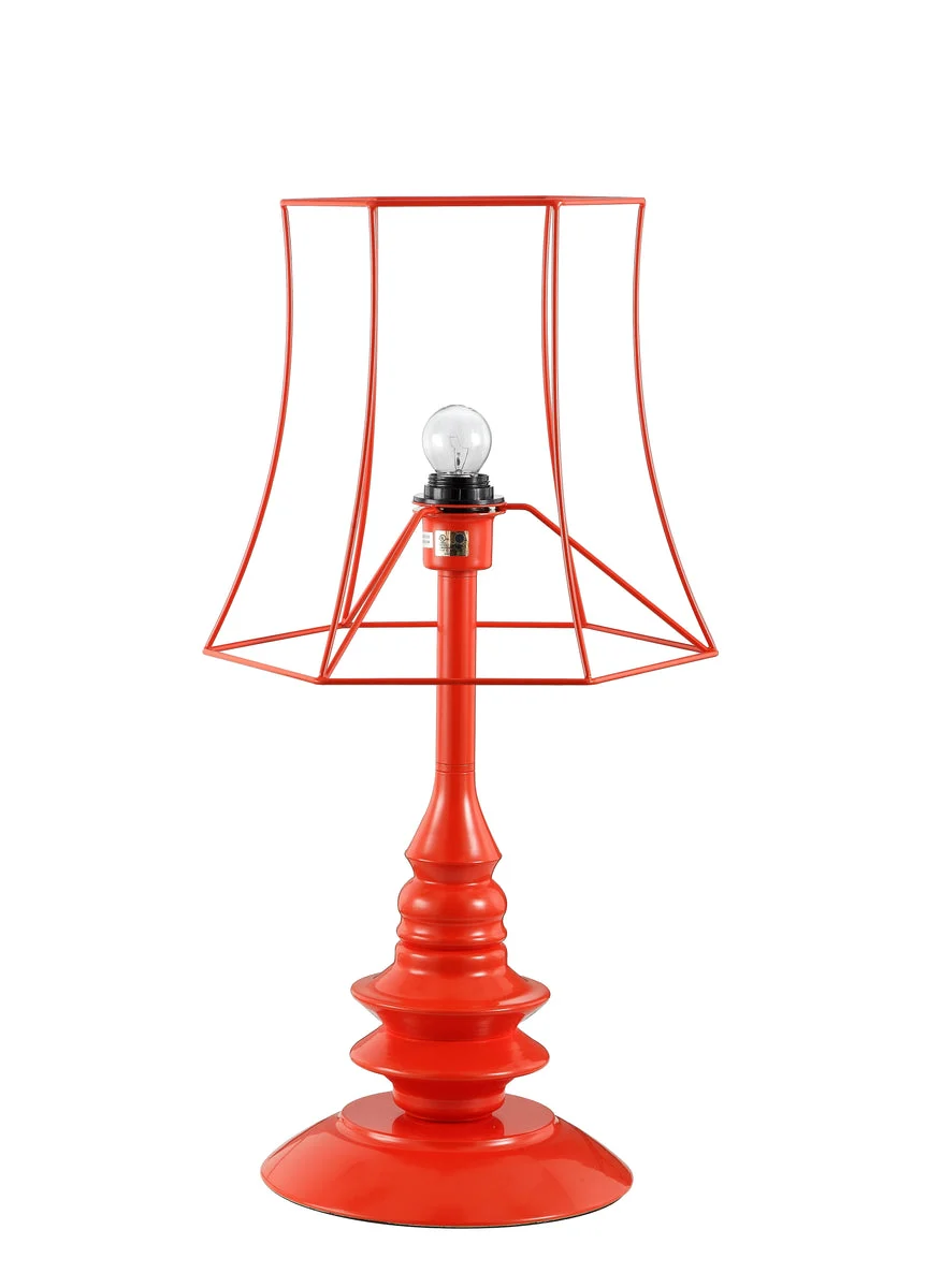 Benzara Metal Table Lamp with Wire Shade and Pedestal Style Feet, Orange