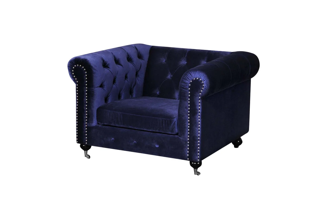 Benzara Fabric Upholstered Wooden Tufted Sofa Chair with Steel Casters, Blue